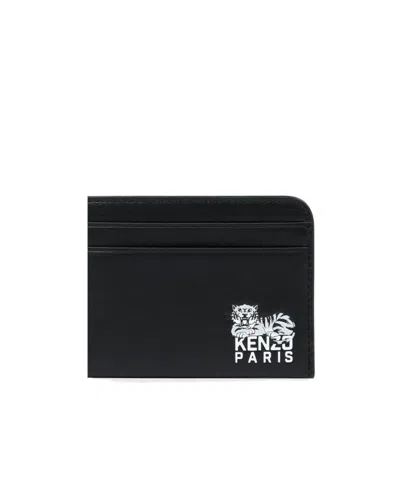 Kenzo Tiger-logo Leather Cardholder In Black