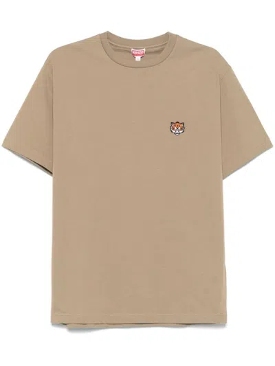 Kenzo Smiling Tiger Crew Neck Cotton T-shirt In Beige
