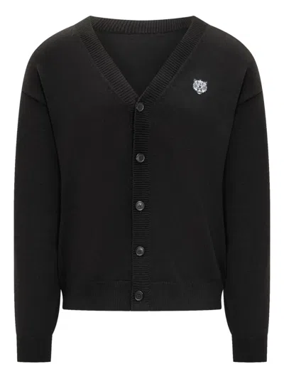 Kenzo Happy Tiger-embroidered Cardigan In Black