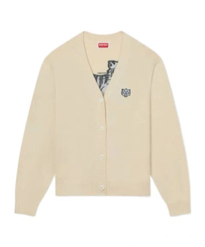Kenzo ' Happy Tiger' Embroidered Cardigan In Wool Cotton In Neutral