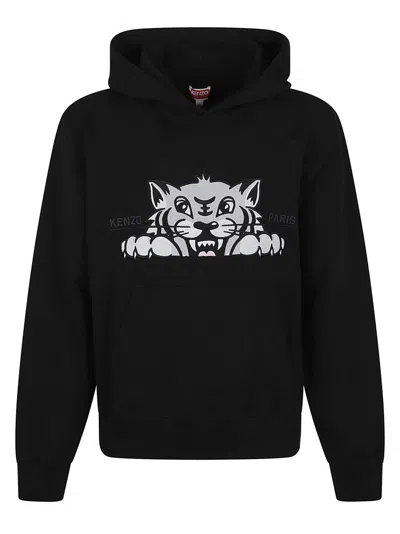 Kenzo Happy Tiger Embroidered Classic Hoodie In Black