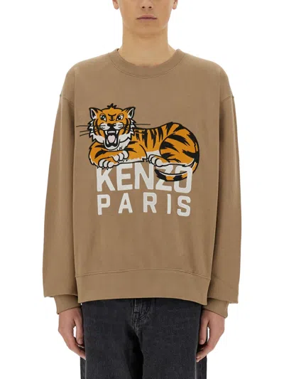 Kenzo Happy Tiger Embroidered Sweatshirt In Cotton In Brown