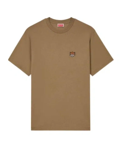 Kenzo Smiling Tiger Crew Neck Cotton T-shirt In Beige