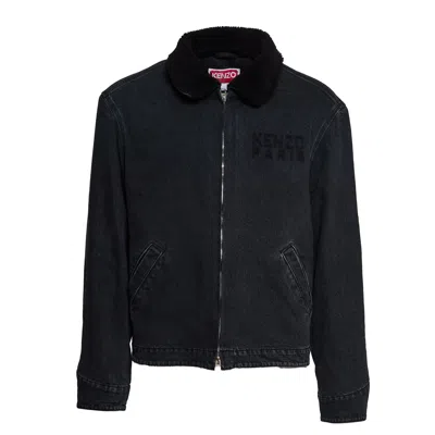 Kenzo Utility Fleece Denim Jacket With Happy Tiger Embroidery In Black