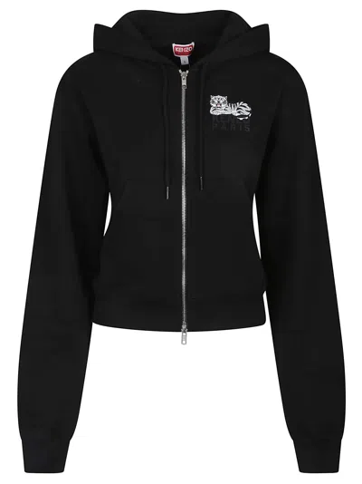 Kenzo Happy Tiger Short Zip Up Sweatshirt In Black