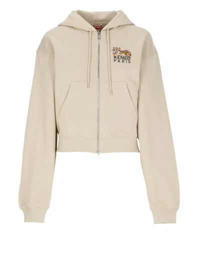 Kenzo Tiger Logo Hooded Cotton Sweatshirt In Neutral