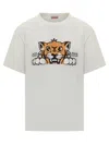 Kenzo 'gots Happy Tiger' White Crewneck T-shirt With Maxi Logo Embroidery On The Front And Logo Lettering In White