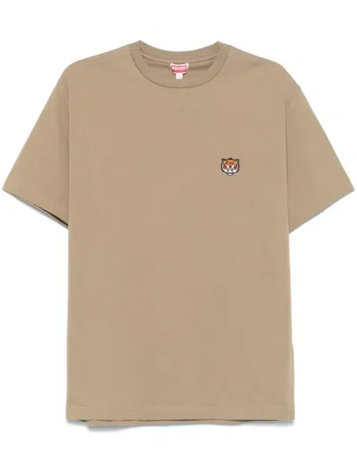 Kenzo Smiling Tiger Crew Neck Cotton T-shirt In Beige