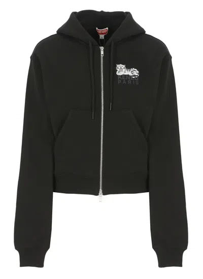 Kenzo Happy Tiger Zipped Hoodie In Black