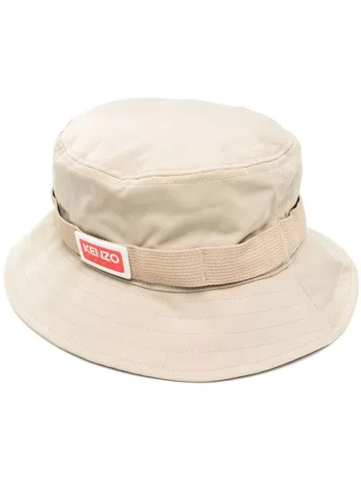 Kenzo Side Logo-patch Detail Bucket Hat In Beige