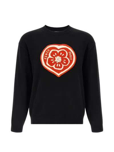 Kenzo Crewneck Sweater With Heart Embroidery In Black