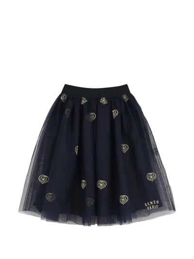 Kenzo Kids' Heart-print Mesh Skirt In Blue