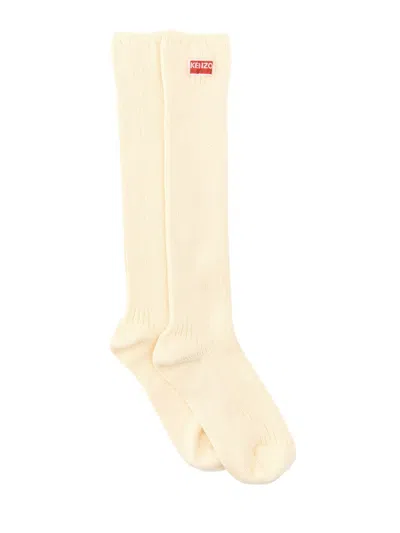 Kenzo High Knee Socks With Logo Patch In Neutral