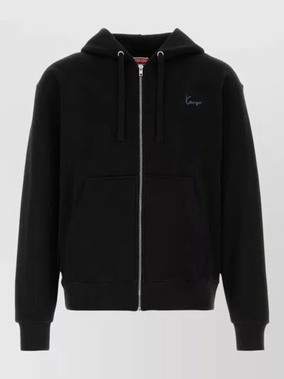 Kenzo Hooded Cotton Sweatshirt Ribbed Trims Pockets In Black