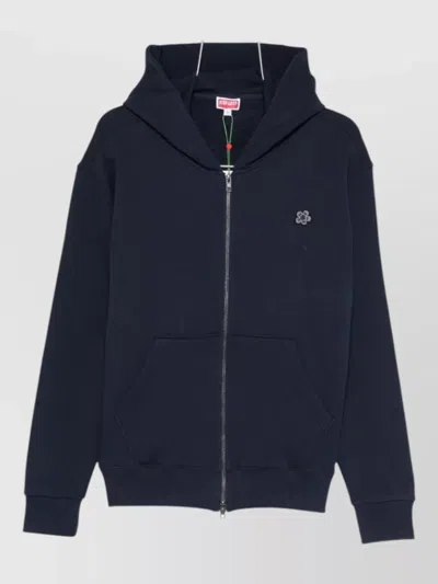 Kenzo Hooded Crewneck Silk Blend Knit Sweater In Blue