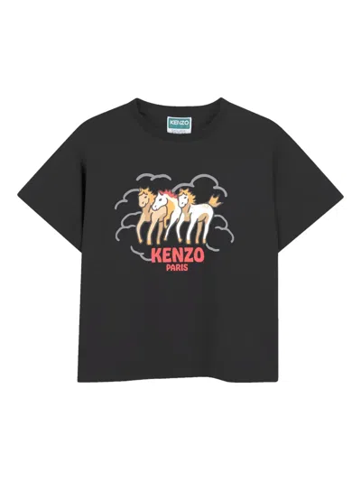 Kenzo Kids' Horse Print T-shirt In Black