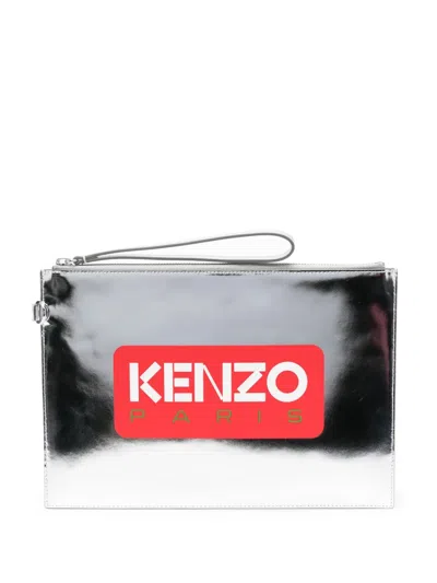 Kenzo Iconic Logo-print Metallic-leather Clutch Bag In Silver