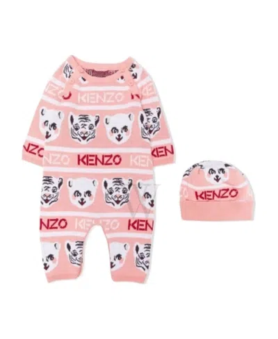 Kenzo Inlaid Logo Baby Suit And Hat Set In Pink