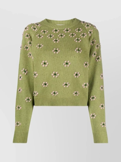 Kenzo Intarsia Floral Knit Crewneck Sweater In Beige