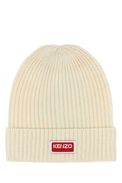 Kenzo Ivory Stretch Wool Beanie Hat In Offwhite
