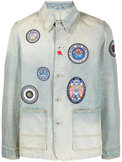 Kenzo Patch Detail Denim Blazer With Front Pockets In Medium Stone Blue Denim