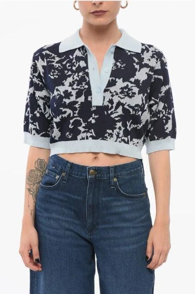 Kenzo Jacquard Cotton Blend Cropped Fit Polo In Dark Blue