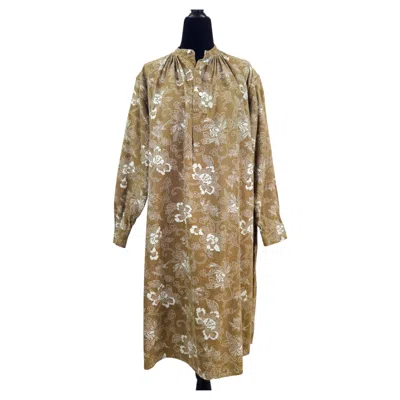 Pre-owned Kenzo Jap Vintage Khaki Dress With Vintage 1970s White Flower Pattern