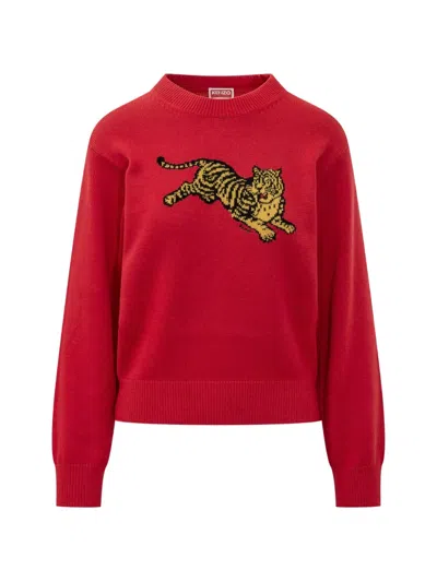 Kenzo Jumping Tiger Cotton Wool Sweater In Red