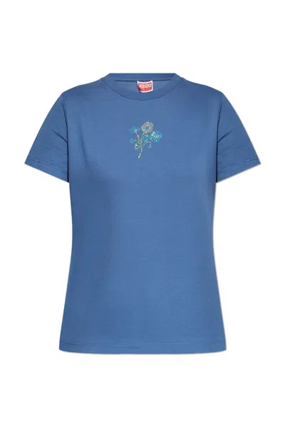 Kenzo Logo-embroidered T-shirt In Blue