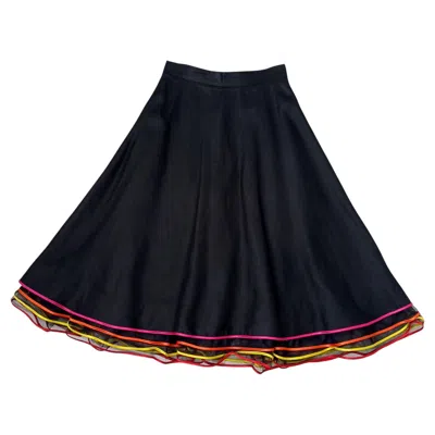 Pre-owned Kenzo Jungle Linen Skirt With Ruffles Vintage 1990s In Black