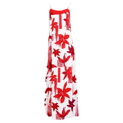 Pre-owned Kenzo Jungle Red And White Floral Dress With Beaded Straps