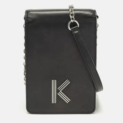 Pre-owned Kenzo K Logo Black Leather Phone Crossbody Bag