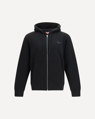 Kenzo Kenzio Signature Embroidered Cotton Zip Hoodie In Black