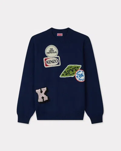 Kenzo Badges Embroidered Sweater In Cotton Wool In Blue