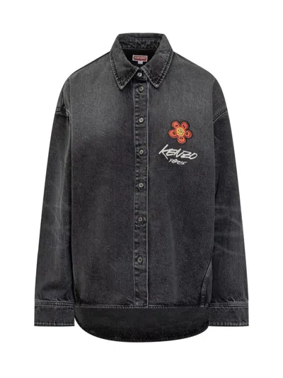 Kenzo Black Denim Shirt With Floral Embroidery