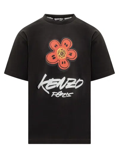 KENZO KENZO KENZO BLACK T-SHIRT WITH FLORAL PRINT AND LOGO