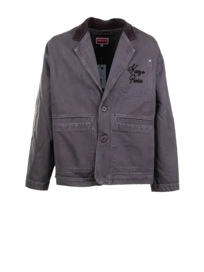 Kenzo Chain Stitch Washed Cotton Workwear Jacket In Gray