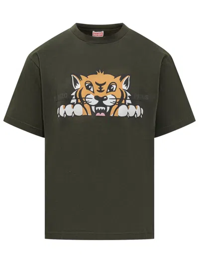 KENZO KENZO KENZO MEN'S GREEN T-SHIRT WITH TIGER PRINT