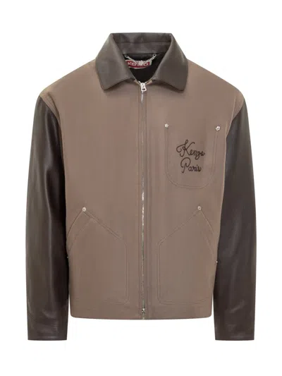 Kenzo Men's Two-tone Leather And Fabric Bomber Jacket In Brown
