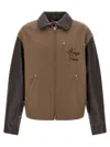 Kenzo Leather-sleeved Embroidered Jacket Coats Beige In Brown