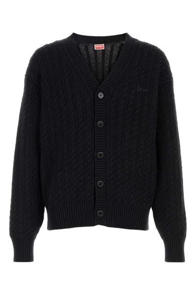 Kenzo Cotton Blend Cardigan Cable Knit V Neckline In Black