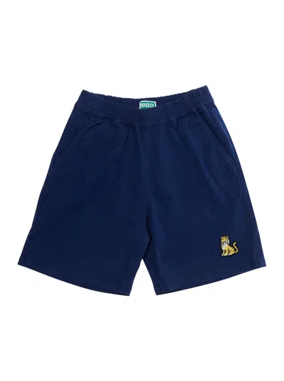 Kenzo Kids Baby Boy Mini Logo Cotton Bermuda Shorts With Elastic Waist In Blue