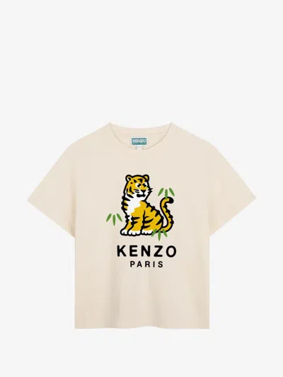 Kenzo Kids Boys Crew Neck T-shirt With Front And Back Print In 100% Cotton In Beige