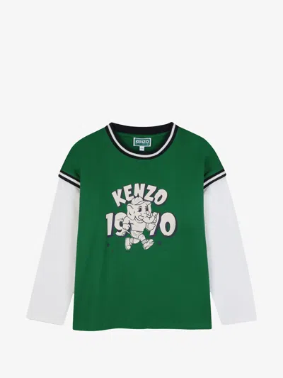 Kenzo Kids Boys Double-layer Long-sleeve T-shirt With Front Print, 100% Cotton In Verde