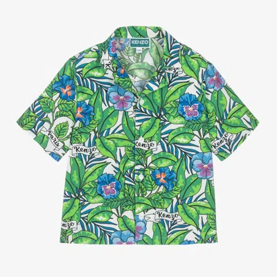 Kenzo Kids Boys Green Flower Print Cotton Shirt