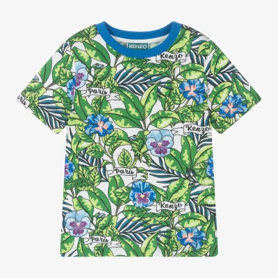Kenzo Kids Boys Green Flower Print Cotton T-shirt