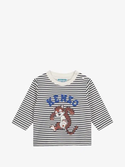 Kenzo Kids Boys Long-sleeve Striped T-shirt With Front Print And Snap Closure In Beige