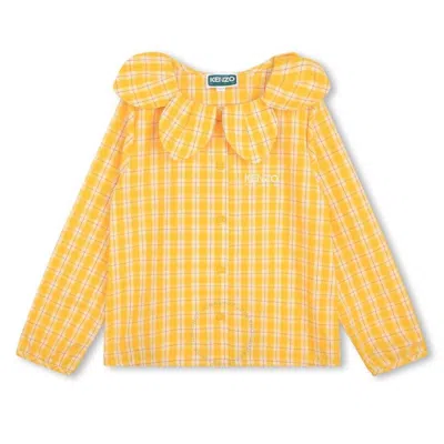 Kenzo Kids Check Pattern Long Sleeve Logo Embroidered Shirt In Yellow