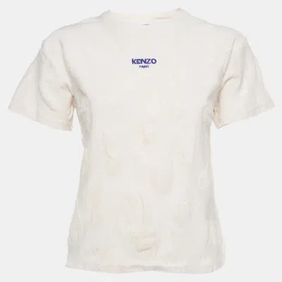 Pre-owned Kenzo Kids Cream Logo Embroidered Jersey And Terry Trim T-shirt 12 Yrs In White