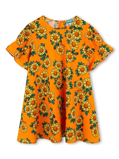Kenzo Kids Floral Cotton Mini Dress For Girls In Orange